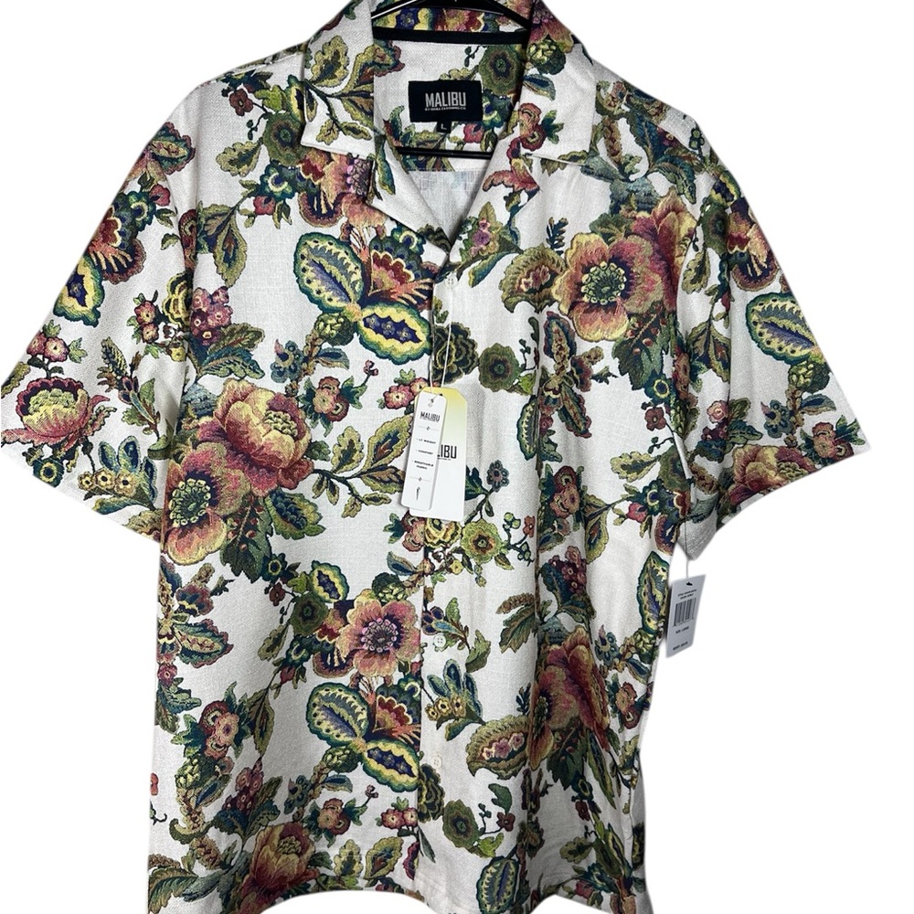Malibu Men's White Floral Short-Sleeve Button Up Shirt Size L
